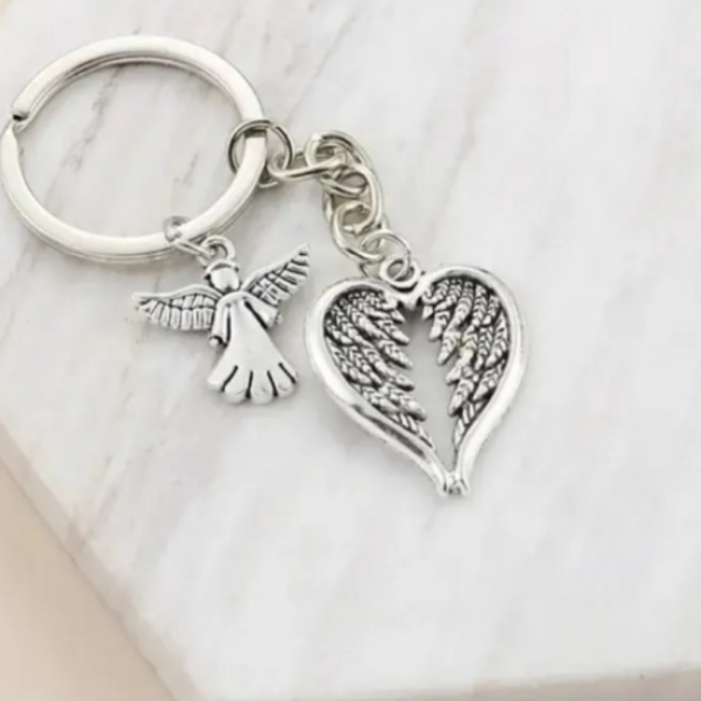 NWT Angel Wings Charm Keychain Silver Plated Angels Watching Over NEW
